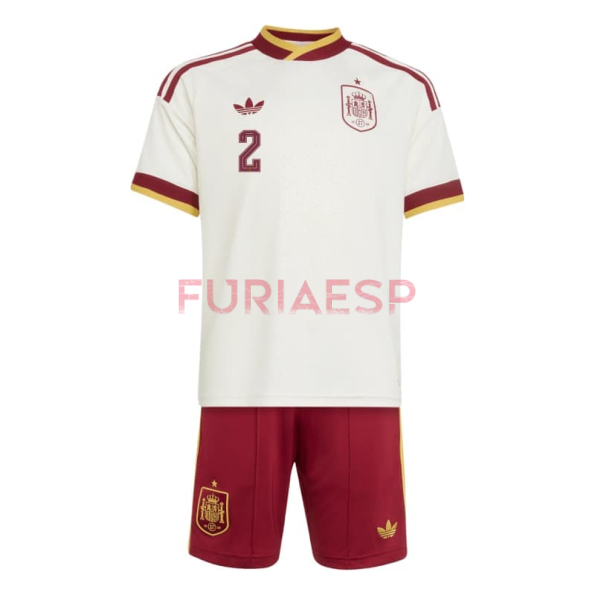 Camiseta Marc Pubill 2 España Segunda Equipación Mundial 2026 Blanco/Rojo Niño Kit
