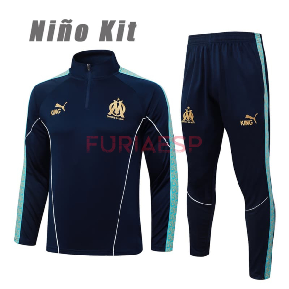 Sudadera De Entrenamiento Olympique Marsella 2025/2026 Niño Kit Azul Marino/Verde