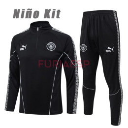 Sudadera De Entrenamiento Manchester City 2025/2026 Niño Kit Negro con Estampado en Manga